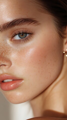 Fototapeta premium Close-up shot of a woman's face highlighting flawless skin, delicate freckles, and radiant glow. An intimate portrait of natural beauty.
