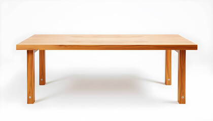 Contemporary Solid Wood Dining Table Isolated on White Background. Modern Minimalist Design, Natural Teak or Oak Furniture