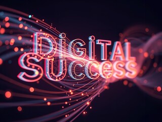 Digital success illuminated with vibrant light trails on a dark background.