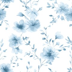 Fototapeta premium Seamless pattern with hand-painted blue watercolor flowers and leaves on a white background, ideal for textile or wallpaper design.