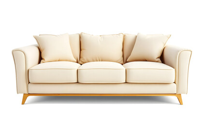 Modern 3-Seater Cream Sofa with Wooden Base and Throw Pillows Isolated on White Background