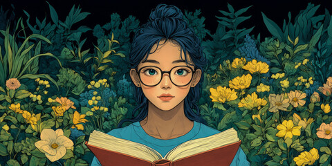 Vibrant digital artwork featuring thoughtful, blue-haired reader in glasses, holding open book against dark backdrop of abundant green foliage and bright blooming flowers