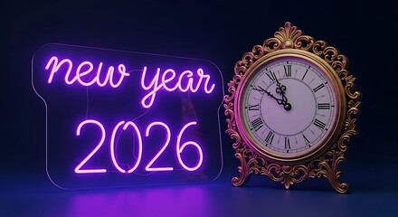 Elegant vintage clock and glowing neon sign ushering in the new year 2026 with anticipation