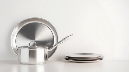 Stainless steel cookware including a saucepan, skillet, and plates. Clean, simple design for modern kitchens and culinary enthusiasts.