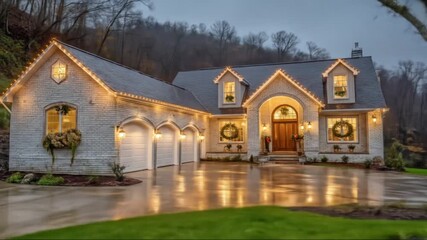 A charming, well-lit house with Christmas decorations, showcased on a wet driveway.