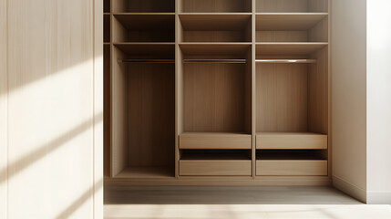 Spacious closet interior with wooden shelving and drawers. Clean, organized storage solution. Natural light fills the space, highlighting the wood grain.