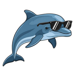 Obraz premium Cool cartoon dolphin wearing black sunglasses. Fun, summer, marine animal mascot illustration isolated on a white background.