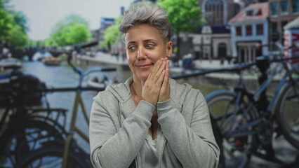 Fototapeta premium Woman with cropped hair and grey hoodie covering mouth with hands stands near canal bicycles on city street; surprise.