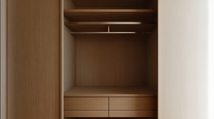 Fototapeta premium Interior wardrobe with shelves and drawers. Minimalist design with wood finish and a focus on functional storage. Simple and modern aesthetic.