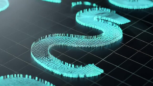 Abstract glowing river pattern on a dark grid background, showcasing fluidity