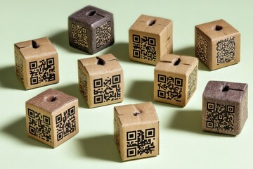 Unique collection of textured QR code wooden blocks in various earthy tones arranged artistically against a pastel green background highlighting innovation and craftsmanship