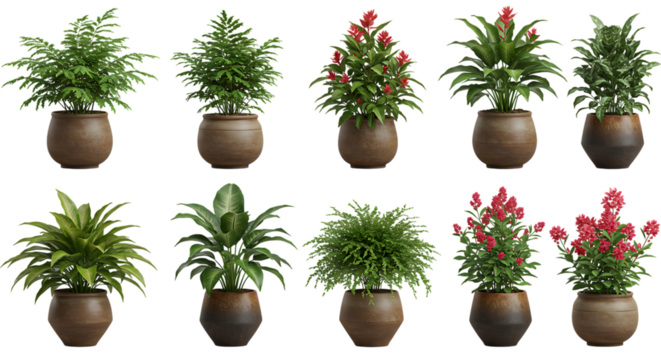 Collection of potted plants and floral arrangements for indoor decoration