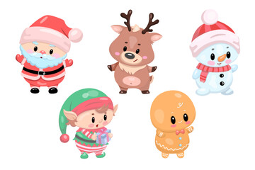 Cute christmas characters: santa, reindeer, elf, snowman, and gingerbread man in festive outfits.