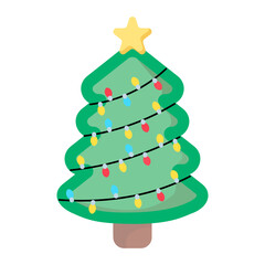 Cartoon christmas tree with colorful lights and star on white background.