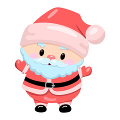 Cute cartoon santa claus in red suit waving with cheerful expression on white background.