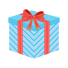 Blue gift box with red bow isolated on white background: festive and cheerful design.