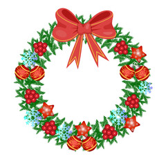 Festive christmas wreath with red bow and ornament details on white background.