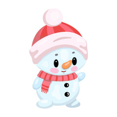 Cute cartoon snowman with red hat and scarf on white background.