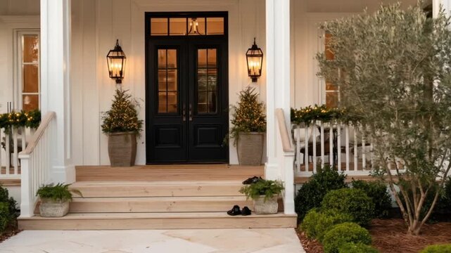 A welcoming front porch, beautifully decorated for the holidays, featuring a classic black door and warm lighting.