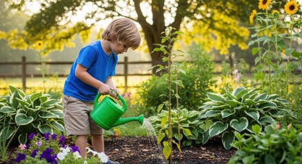 Young boy watering plants in a vibrant garden