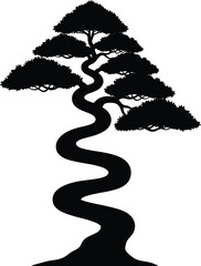 Stylized Japanese Bonsai Tree Silhouette with Winding Trunk - Artistic Vector Graphic