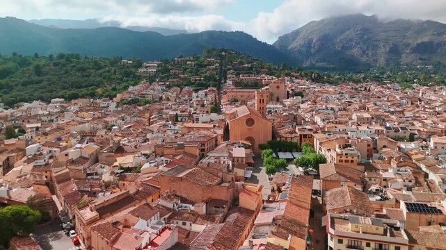 Aerial view of the picturesque town of Pollensa in Mallorca, Balearic Islands, Spain.