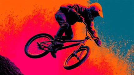 Fototapeta premium Dynamic bmx rider performing a spin in mid-air with neon tones of orange and magenta vibrance