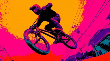 Fototapeta premium Dynamic bmx rider performing a spin in mid-air with neon tones of orange and magenta vibrance