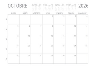 Octobre 2026 Calendrier Mensuel Planificateur avec Numero de Semaine à imprimer A4	