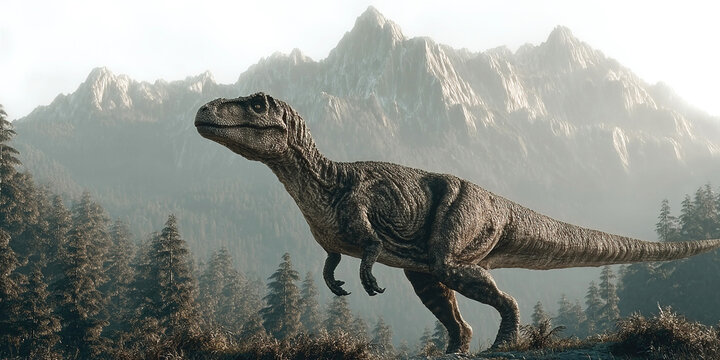 Exploration of Afrovenator in primeval landscape with towering mountains and dense forests