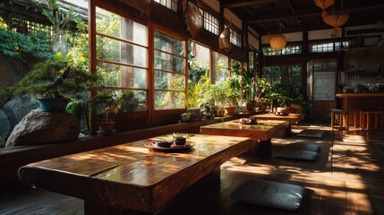 Fototapeta premium Serene Japanese Dining Room with Natural Light and Cozy Atmosphere Surrounded by Nature and Greenery