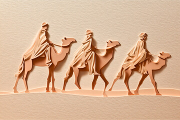 Elegant layered paper cut art depicting three stylized travelers on camels traversing a textured desert landscape.