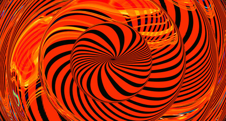 Bright geometric orange black color textured background. Abstract swirl. Glitch Art trippy luxury digital pattern. Banner. Web page template. Virtual reality. NFT card. Glitch technique. Spiral sphere
