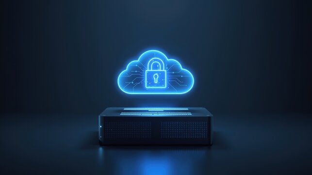 Cloud Server with Padlock Hologram - Cybersecurity and Data Protection in Cloud Computing