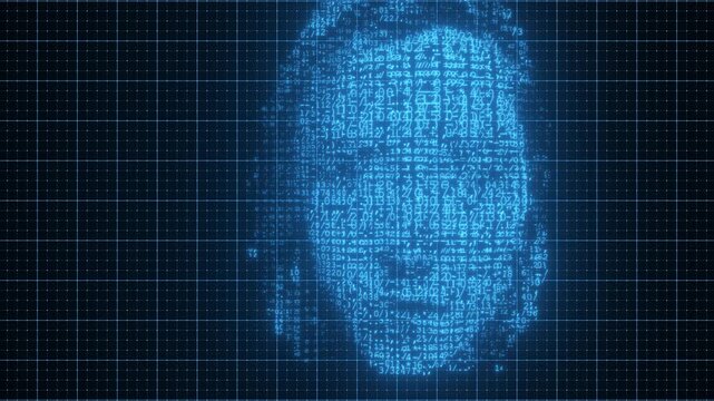 Digital Face Made of Glowing Blue Code Numbers on Grid Background. 4K