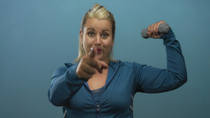 Young blonde woman flexes bare arm with a dumbbell against blue studio wall; confidence motivation.