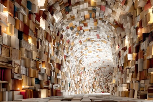 A captivating tunnel of countless books creating an immersive literary journey emphasized by a warm glow illuminating the textured walls showcasing the beauty of exploration and knowledge
