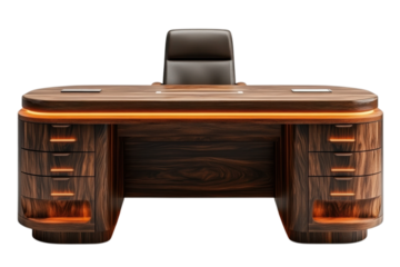 Executive office featuring a modern wooden desk with builtin lighting and a luxurious leather chair on transparent background
