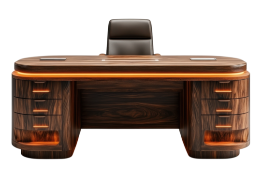 Executive office featuring a modern wooden desk with builtin lighting and a luxurious leather chair on transparent background