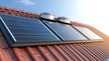 Solar panels on a red tile roof provide clean energy. Sustainable energy solution, eco-friendly technology, and residential renewable power generation concept.