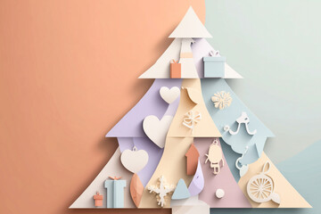 Elegant Abstract 3D Christmas Tree Crafted from Pastel Paper Cutouts and Holiday Decorations.