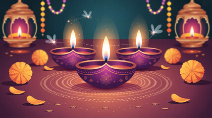 Diwali illustration with glowing purple diyas on ornate rangoli, marigolds, lamps and fireflies, radiating festive light, joy, prosperity and spiritual ambiance