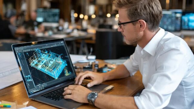 Architectural Design Work: A focused architect, engrossed in his work, meticulously refines an architectural design on his laptop screen.