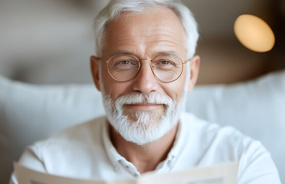 Smiling senior man with glasses and a white beard, reading indoors, radiating warmth and wisdom in a close-up portrait. Focused gaze. Serene moment. - Powered by Adobe