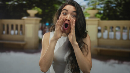 Fototapeta premium Woman in white tank top with hands cupping her mouth shouting on a busy city street during daytime; excitement.