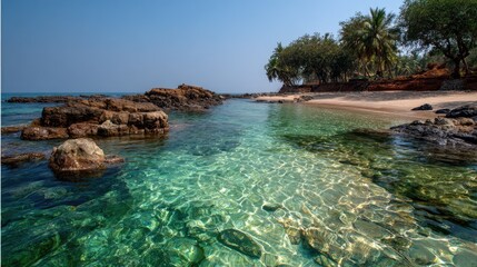 Obraz premium Tranquil Seaside Landscape with Clear Water, Rocks, and Lush Green Trees Under a Bright Blue Sky