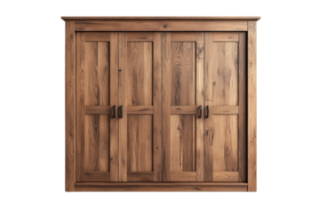 Rustic wooden wardrobe with four doors and black handles offers ample storage in a bedroom setting on transparent background