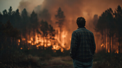 Fototapeta na wymiar A solemn image of a man standing with his back to the viewer, observing a raging wildfire consuming the dense forest, highlighting the impact of natural disasters on ecosystems and people