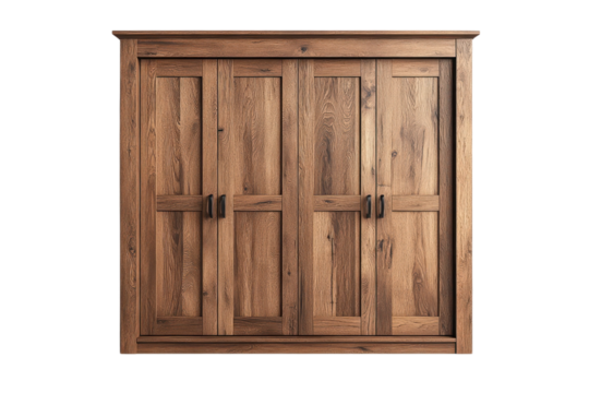 Rustic wooden wardrobe with four doors and black handles offers ample storage in a bedroom setting on transparent background