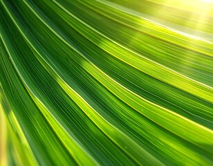Obraz premium Close up view of vibrant green palm frond with sunlight streaming through the leaves creating a 3d effect and casting shadows